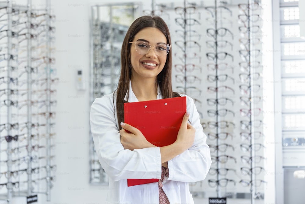 Attractive female ophthalmologist with clipboard, working in an optical store. Healthcare and medicine concept
