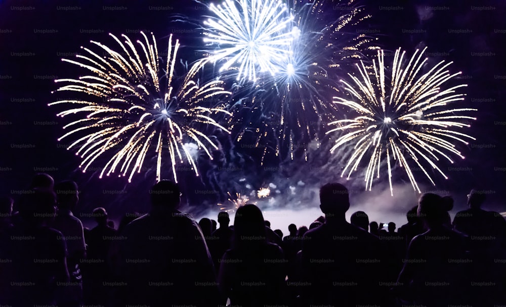 Crowd watching fireworks and celebrating new year eve