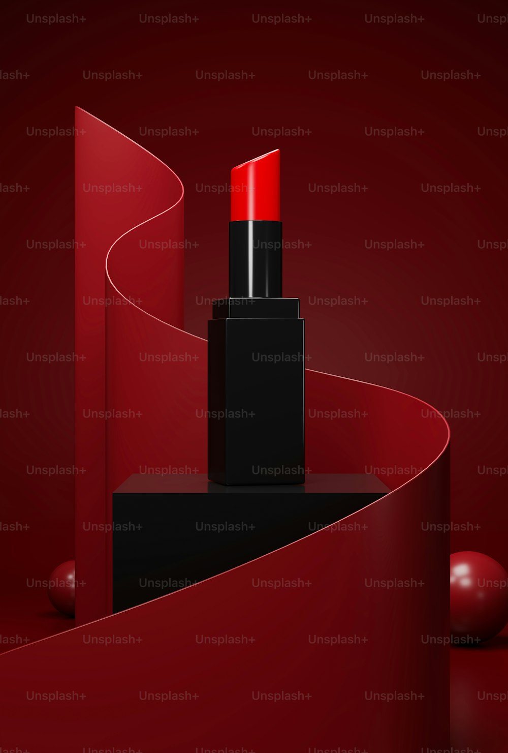 モダンな赤い抽象的な形の台座に豪華な女性の口紅のパッケージ。エレガンスコスメティック広告バナーモックアップ。美容メイクのコンセプト。3Dレンダリング、3Dイラストレーション