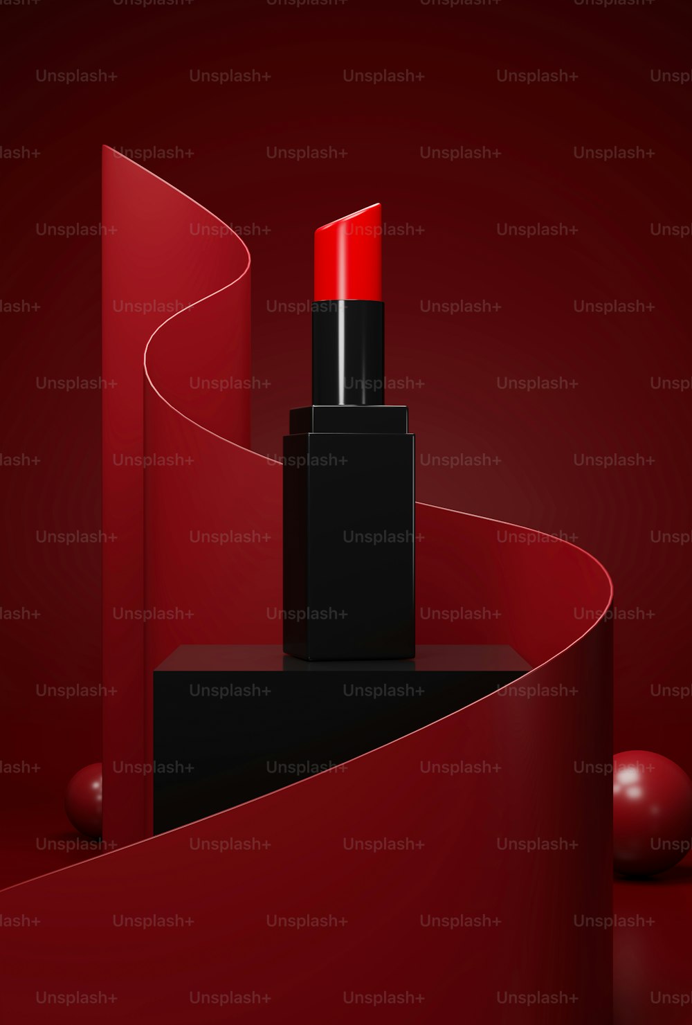 Luxury female lipstick packaging on a pedestal with modern red abstract shapes. elegance cosmetic ads banner mockup. beauty makeup concept. 3d rendering, 3d illustration