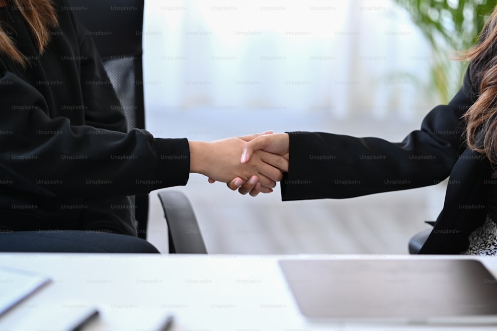 Cropped shot two businesspeople shaking hands after negotiations or finishing up meeting.