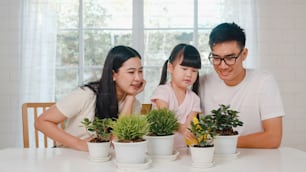 Happy cheerful Asian family dad, mom and daughter watering plant in gardening near window at house.