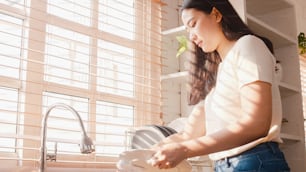 Attraente giovane signora asiatica che lava i piatti mentre fa le pulizie nella cucina di casa.