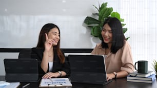 Two cheerful businesswoman working on new project together in office.