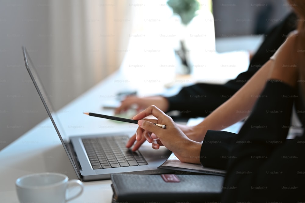 Businesswoman sharing information on laptop computer to her colleague.