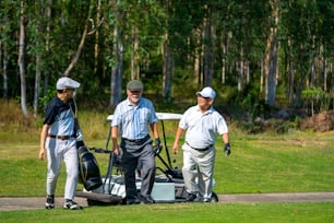 Gruppo di persone asiatiche, uomo d'affari e CEO senior che giocano a golf vicino alla buca sul fairway del golf insieme al country club. Il golfista anziano sano si diverte con lo sport del golf all'aperto e l'attività ricreativa con gli amici.