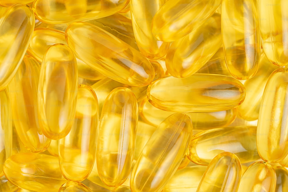 Close up of Omega 3 capsules. Directly above