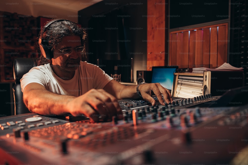 Produtor musical hispânico sênior trabalhando em uma mesa de som de mixagem enquanto estava em seu estúdio
