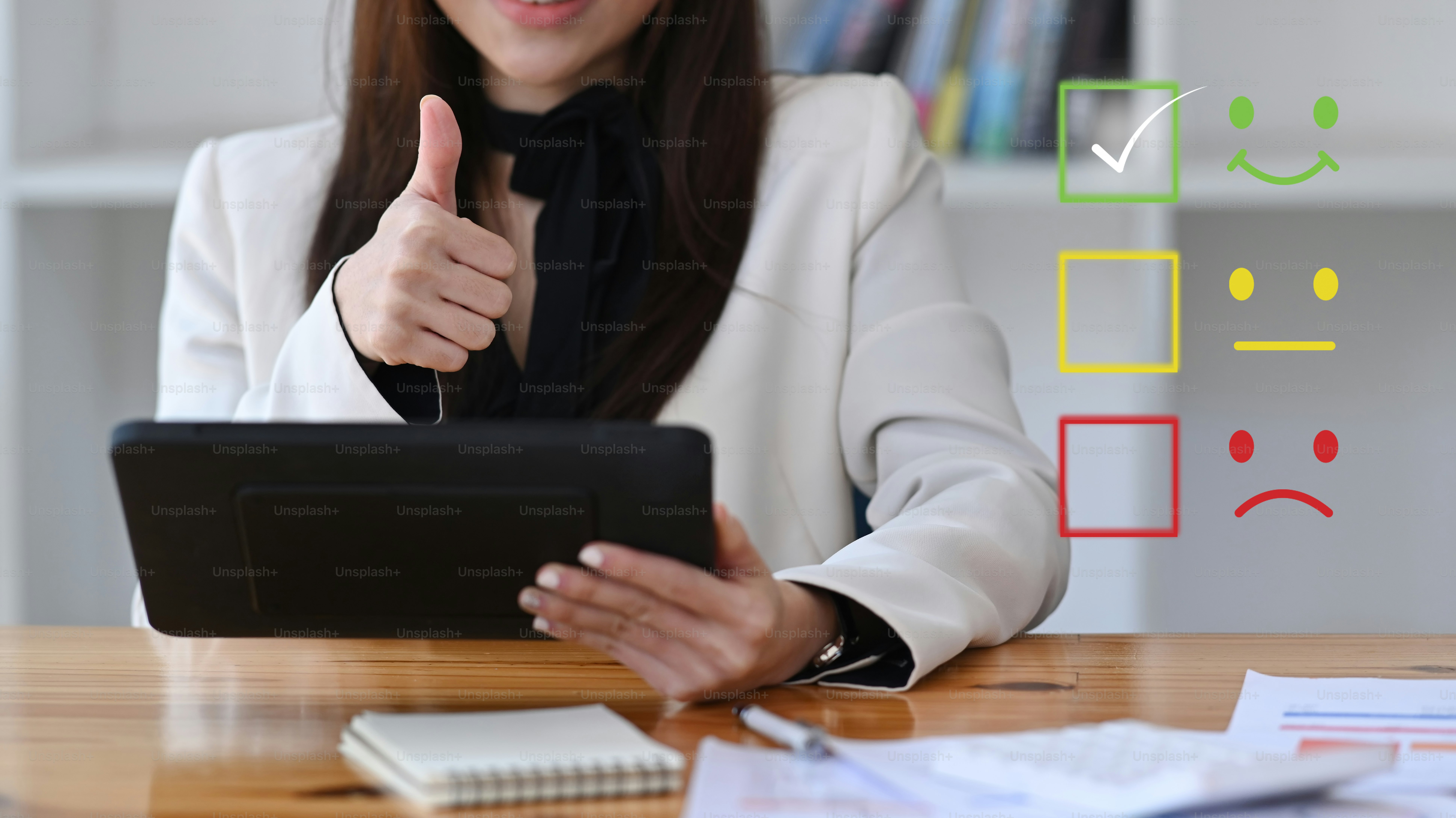 Young businesswoman using digital tablet for selecting smiley face icon to evaluate product and service.