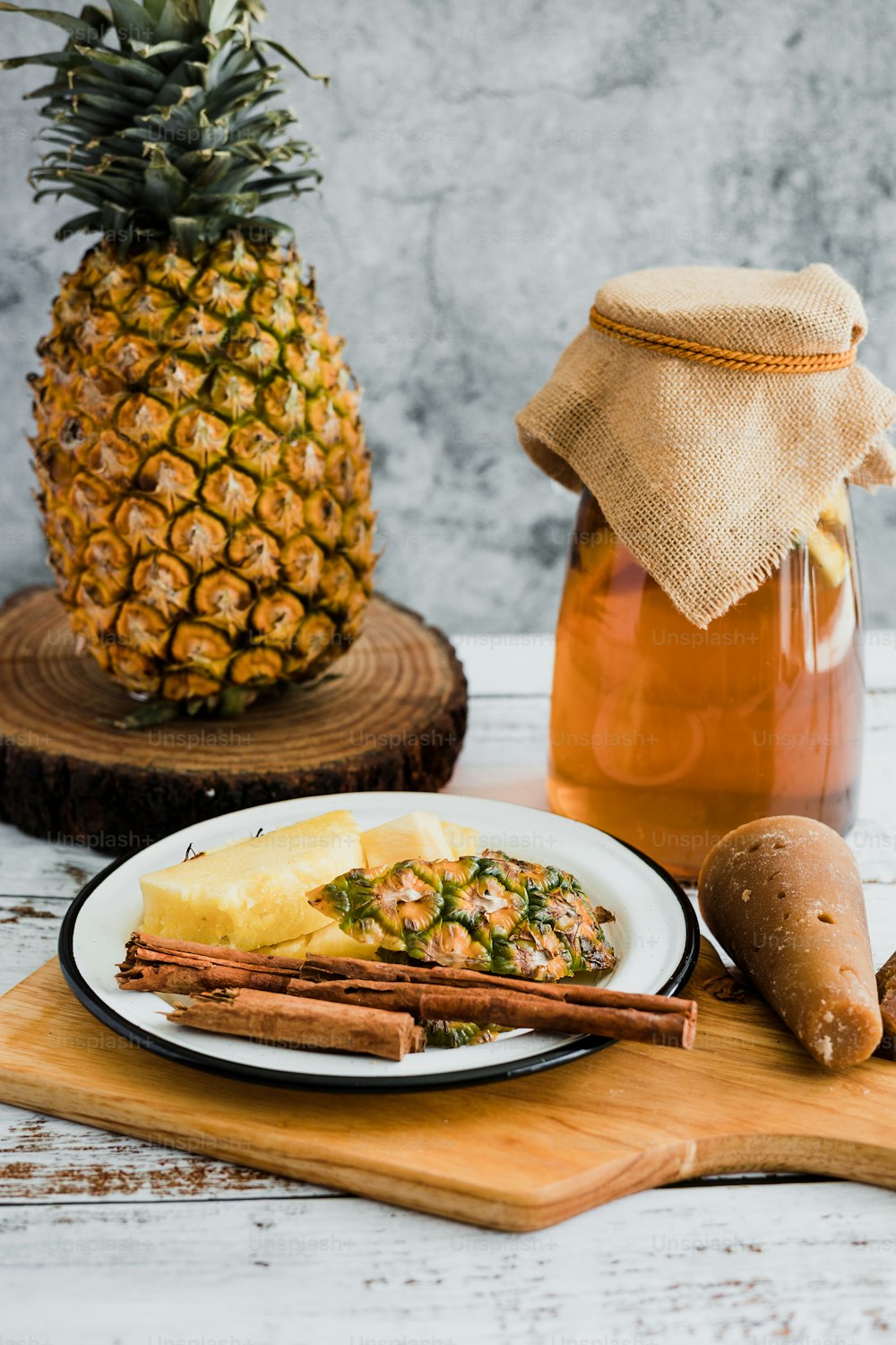 ingredients for Tepache Mexican fermented beverage made with pineapple, panela and cinnamon traditional in Mexico city