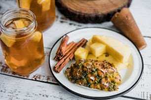 ingredients for Tepache Mexican fermented beverage made with pineapple, panela and cinnamon traditional in Mexico city