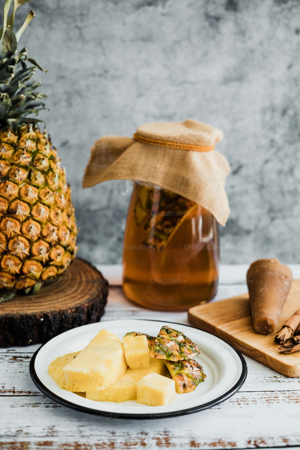 ingredients for Tepache Mexican fermented beverage made with pineapple, panela and cinnamon traditional in Mexico city