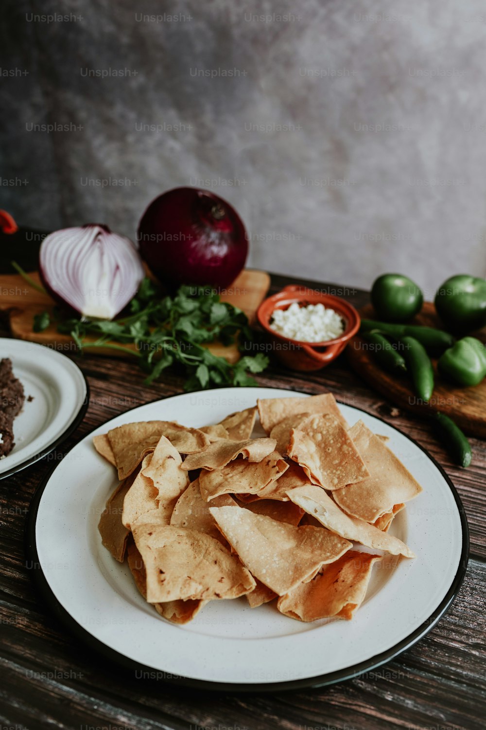 ingredients for homemade mexican green chilaquiles, nachos tortilla corn for breakfast in Mexico