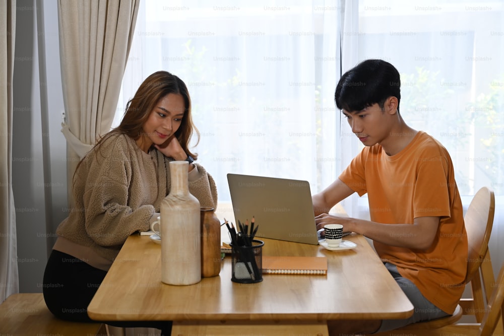 Jovem casal navegando na internet com computador laptop em casa.