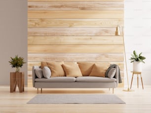 Sofá na sala vazia moderna com atrás da parede de madeira.3D renderização