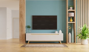 Interior de la sala de estar con TV y gabinete sobre fondo de pared azul vacío.3D renderizado