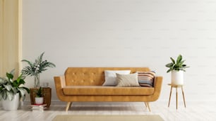 El interior con sofá de cuero sobre fondo de pared blanco vacío renderizado .3d