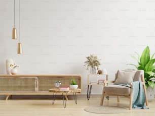 흰색 벽 배경에 안락의자가 있는 현대적인 거실의 캐비닛 TV.3d 렌더링