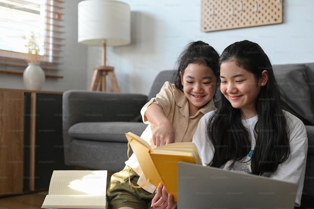 Cheerful asian girl using laptop with her younger sister in living room.