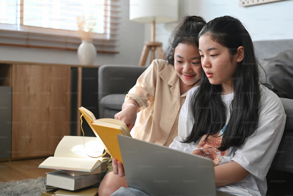 사랑스러운 아시아 소녀는 거실에서 여동생과 함께 앉아 노트북으로 인터넷을 서핑합니다.