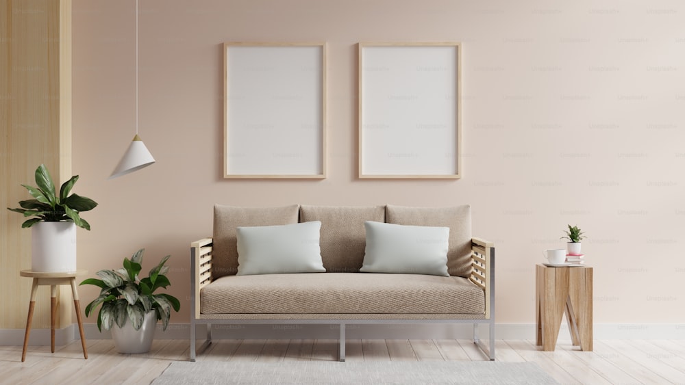 Maquete de cartazes de moldura na sala de estar de estilo escandinavo.3d renderização