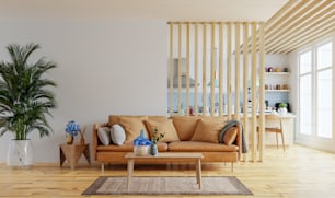Maqueta de pared interior de la sala de estar en tonos cálidos con sofá de cuero que está detrás de la cocina renderizado .3d