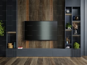 Hölzerner Wandfernseher im modernen Wohnzimmer mit Dekoration auf dunklem Wandhintergrund.3D Rendering