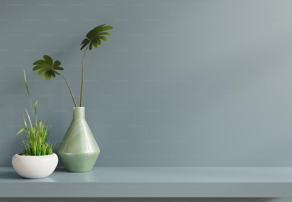 Maqueta de pared con jarrón y planta verde, pared azul y estantería renderizado .3D