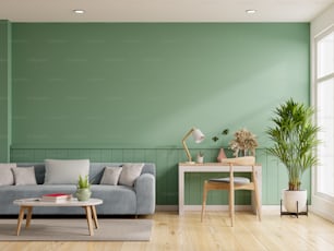 Maqueta interior de pared verde con sofá azul y mesa de trabajo en la sala de estar.3D renderizado