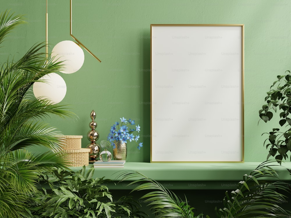 Maqueta del marco del póster en el estante verde con hermosas plantas renderizado .3D