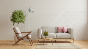 Home Interior Wall Mockup mit Sofa und Sessel auf Holzboden.3d Rendering