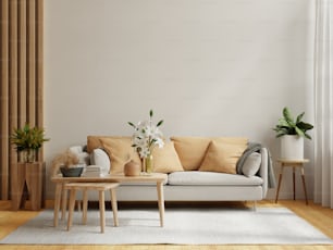 明るく居心地の良いモダンなリビングルームのインテリアには、白い壁の.3dレンダリングを備えたソファと植物があります