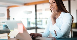 Portrait of young businesswoman working on computer in office