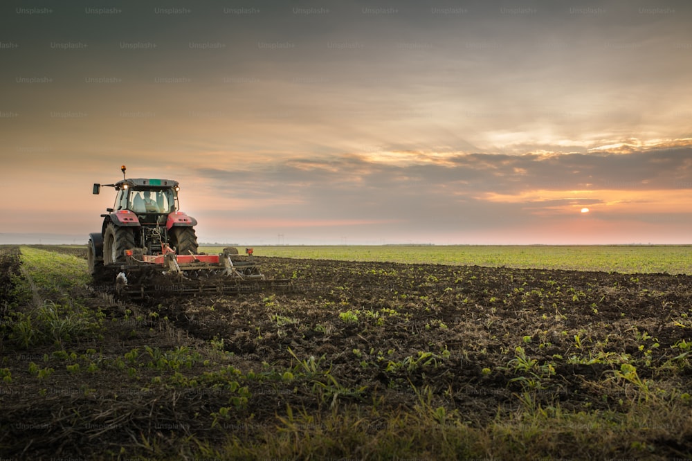 Tractor arando un campo al anochecer