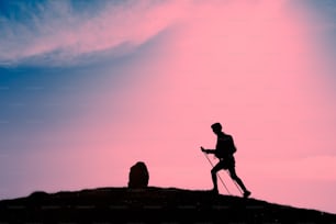 Silueta de muchacha que hace trekking en una puesta de sol rosa
