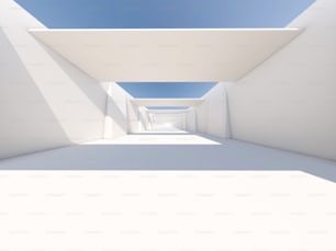 추상적인 현대 건축 배경, 빈 흰색 열린 공간 내부. 3D 렌더링
