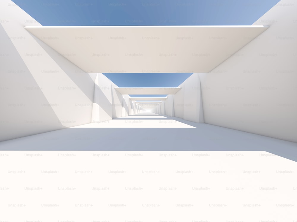 抽象的な現代建築の背景、空の白いオープンスペースのインテリア。3Dレンダリング