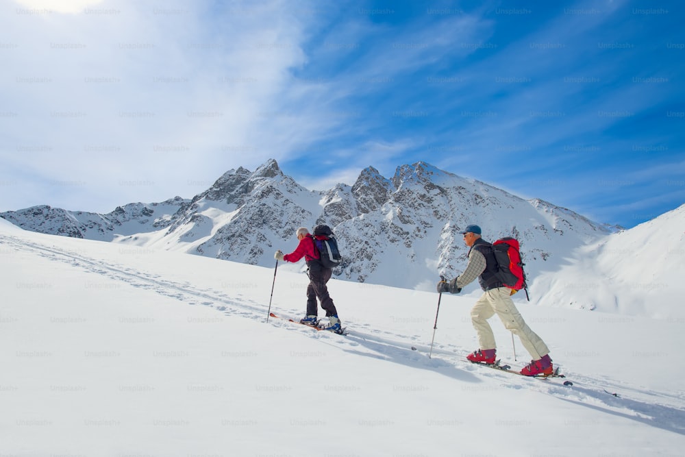 Two elderly alpine skiers climb on skis and sealskins