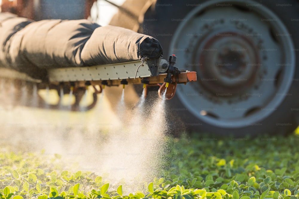 Tractor rociando pesticidas en el campo de soja con pulverizador en primavera