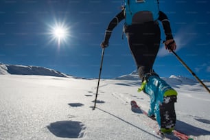 Wandern mit Wandern mit Skibergsteigen mit Robbenfellen in Bergen in Bergen der Sonne entgegen