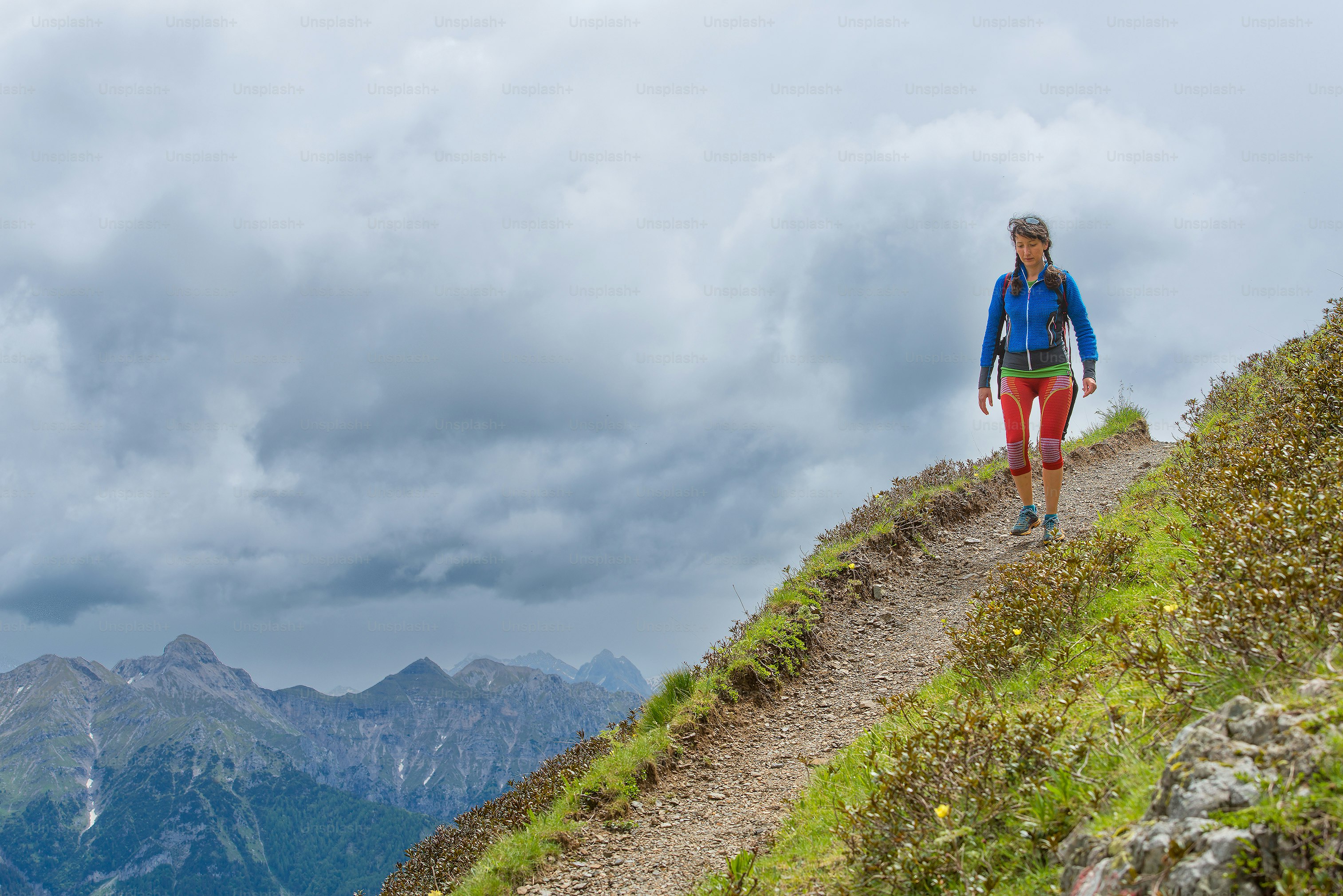 Girl mountain trail walks alone in the summer photo – Exercising Image ...
