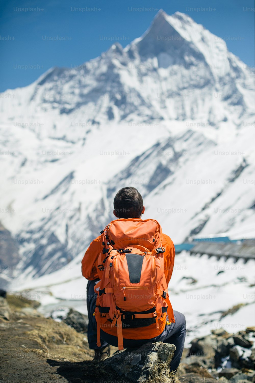 Mounteneer looking at the summit of Machapuchare (6993m), Annapurna Himal.
