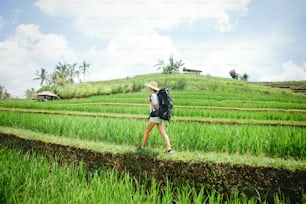 Frau mit großem Rucksack unterwegs auf Reisfeldern