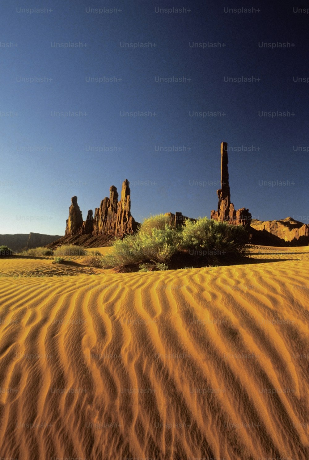 a desert landscape with rocks and grass in the foreground