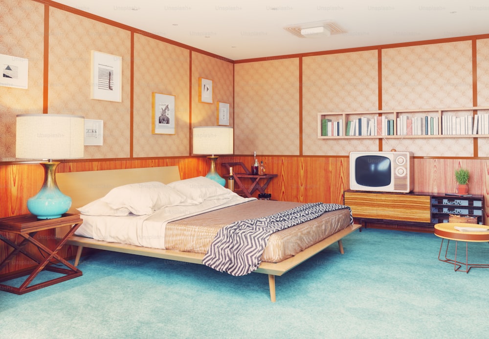 Hermoso interior de dormitorio vintage. Concepto de paredes de madera. Renderizado 3D