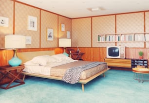 美しいヴィンテージの寝室のインテリア。木製の壁のコンセプト。3Dレンダリング