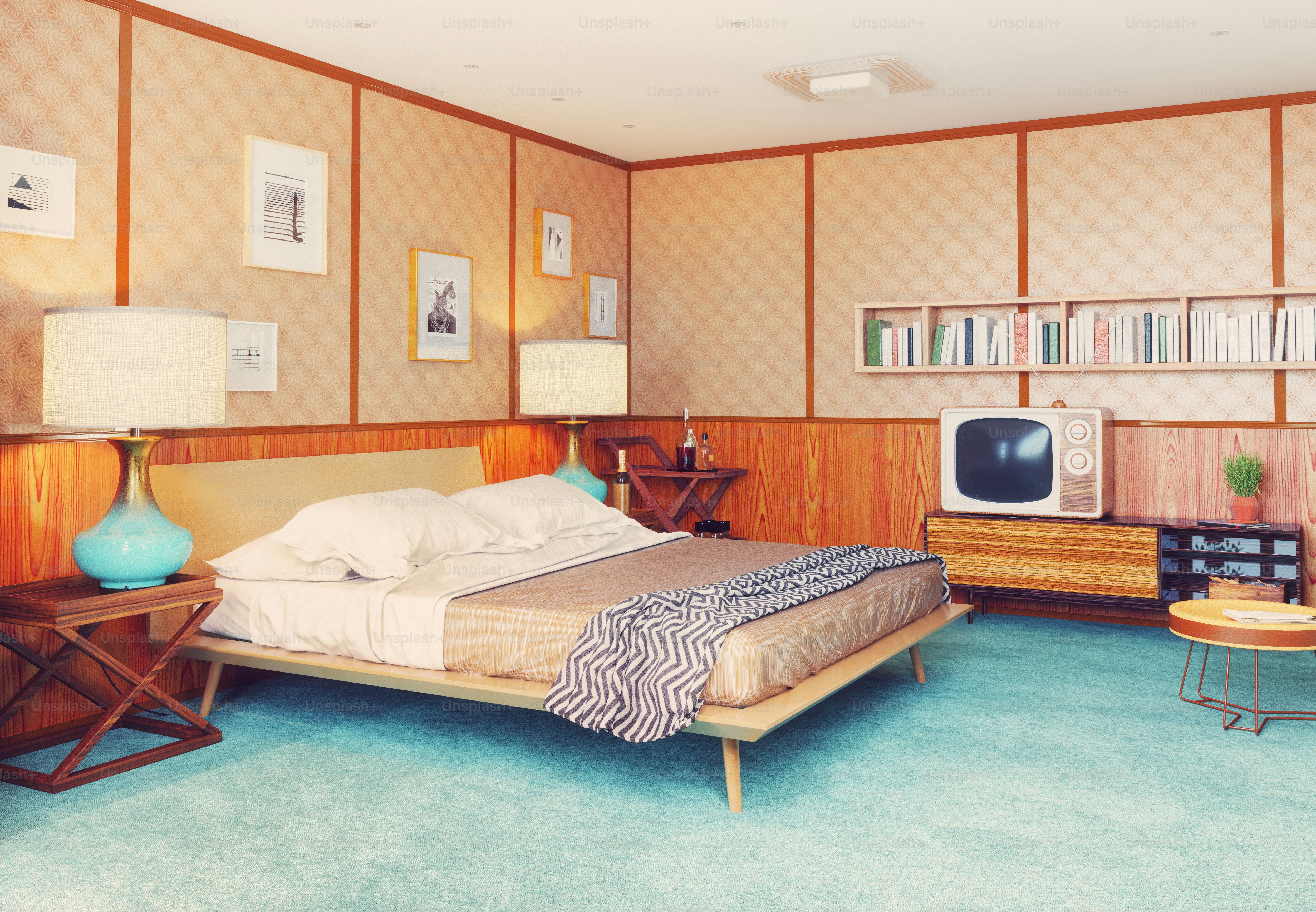 beautiful vintage bedroom interior. wooden walls concept. 3d rendering