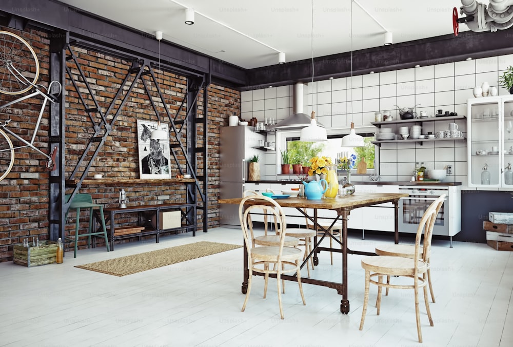 modern loft kitchen interior. 3d rendering concept