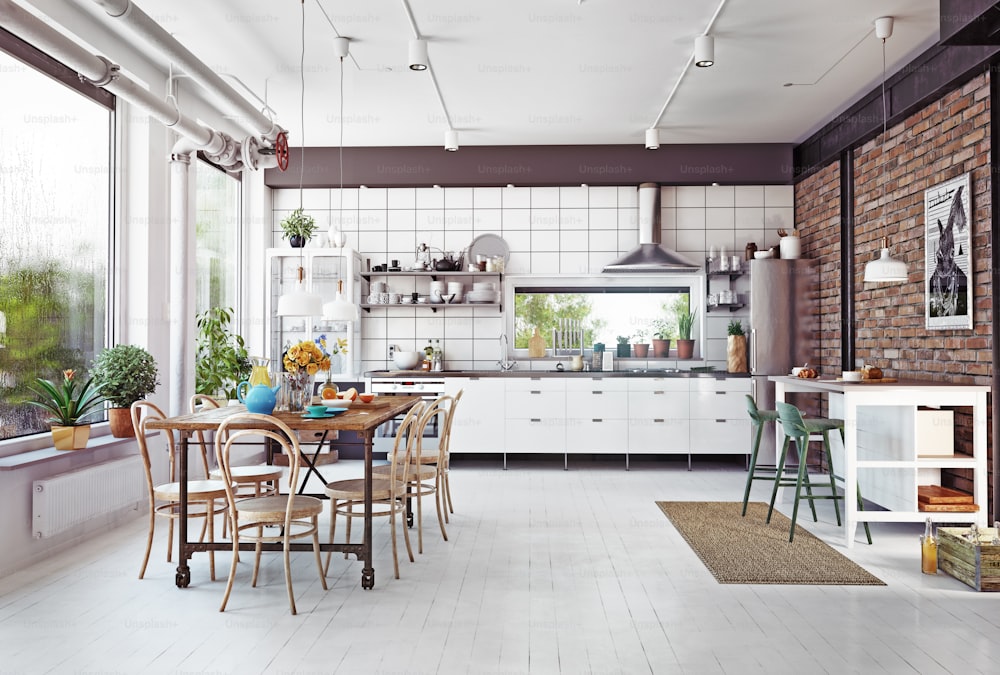 modern loft kitchen interior. 3d rendering concept