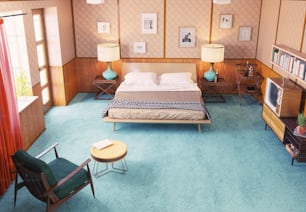 Schönes Vintage-Schlafzimmer-Interieur. Holzwände Konzept. 3D-Rendering